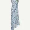 Asymmetric Draped Midi Dress In Ice Blue Satin Flowers