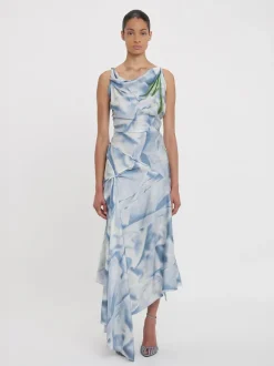 Asymmetric Draped Midi Dress In Ice Blue Satin Flowers