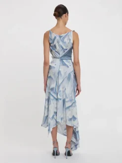 Asymmetric Draped Midi Dress In Ice Blue Satin Flowers