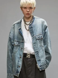 Collarless Trucker Jacket in Caxton Blue