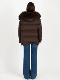 Down Coat with Trim in Mocha