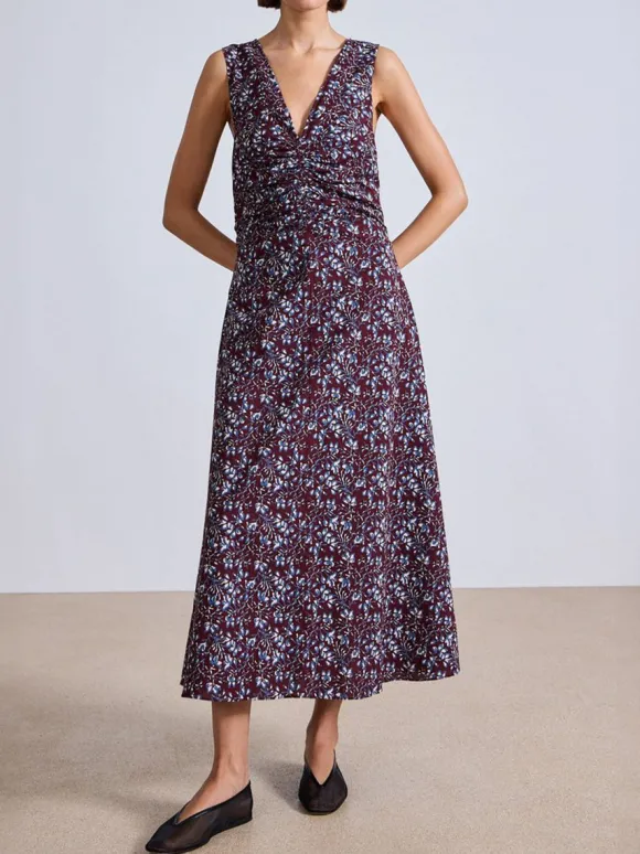 Fatima Ruched Tank Dress in Mira Floral Wine Tasting