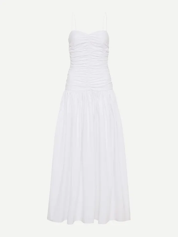Gathered Drop Waist Dress in White