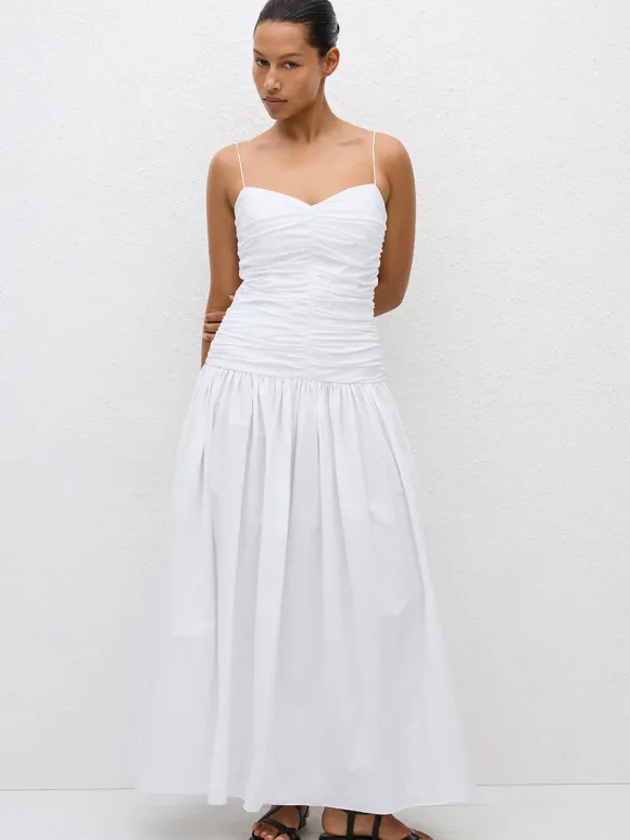 Gathered Drop Waist Dress in White