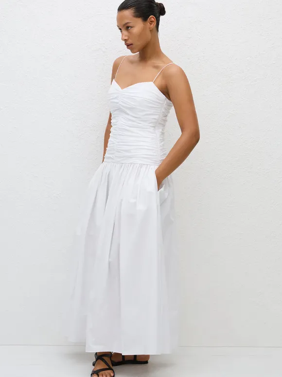 Gathered Drop Waist Dress in White