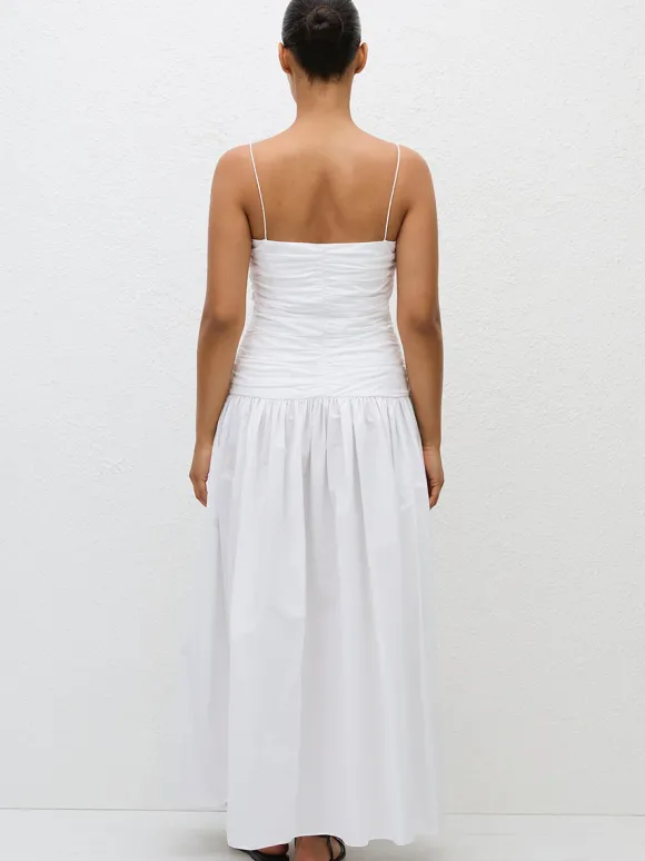 Gathered Drop Waist Dress in White