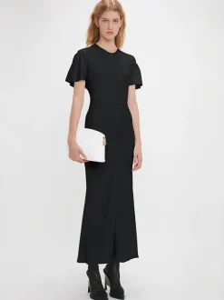 Gathered Sleeve Midi Dress in Black