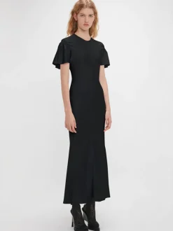 Gathered Sleeve Midi Dress in Black
