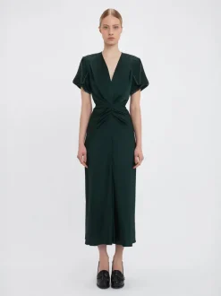 Gathered V Neck Midi Dress in Seaweed