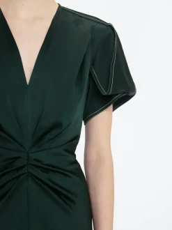 Gathered V Neck Midi Dress in Seaweed