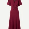 Gathered V-Neck Midi Dress in Oxblood