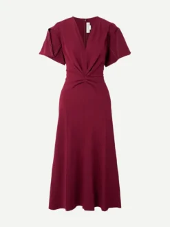Gathered V-Neck Midi Dress in Oxblood