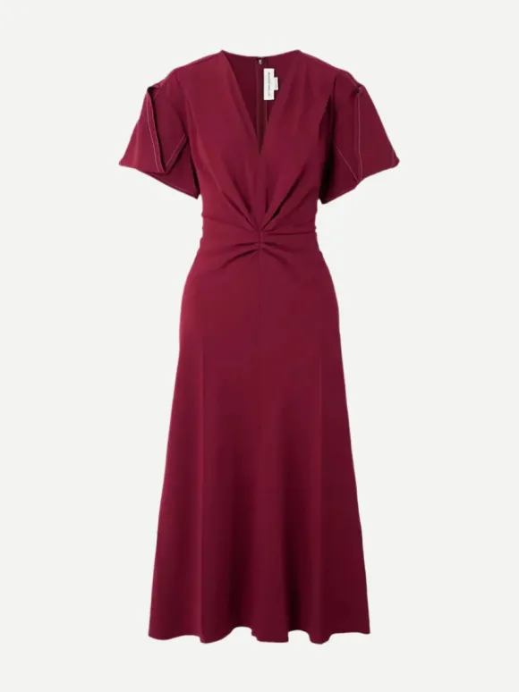 Gathered V-Neck Midi Dress in Oxblood