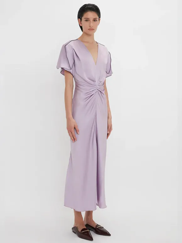 Gathered V-Neck Midi Dress In Petunia
