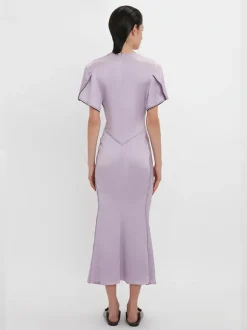 Gathered V-Neck Midi Dress In Petunia