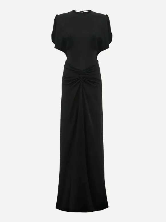Gathered Waist Floor Length Dress in Black
