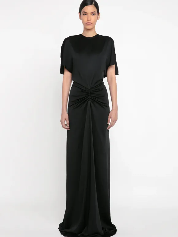 Gathered Waist Floor Length Dress in Black