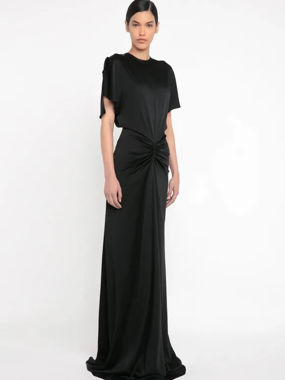 Gathered Waist Floor Length Dress in Black