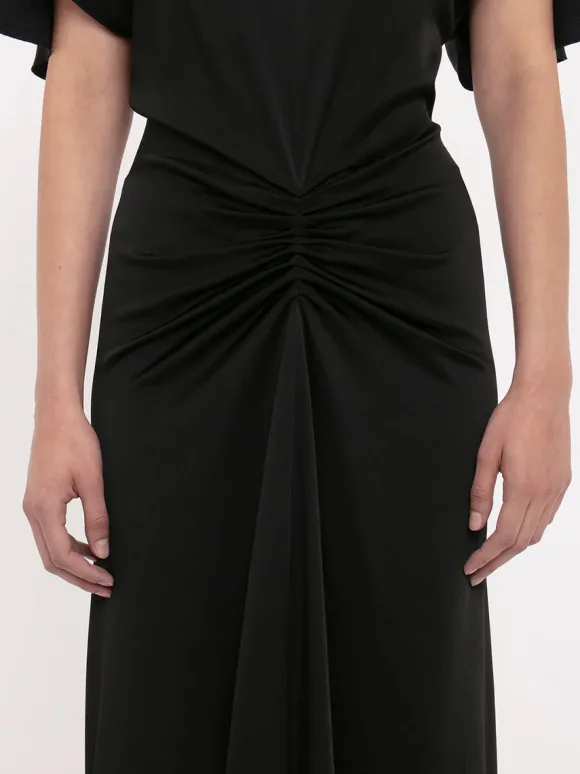 Gathered Waist Floor Length Dress in Black