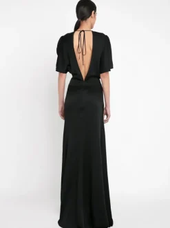 Gathered Waist Floor Length Dress in Black