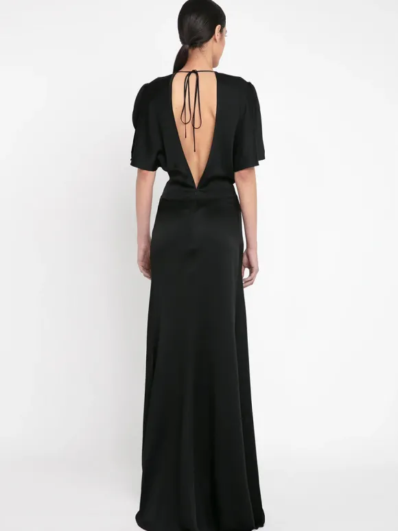Gathered Waist Floor Length Dress in Black