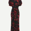 Gathered Waist Midi Dress in Floral Black