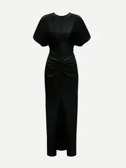 Gathered Waist Midi Dress in Black