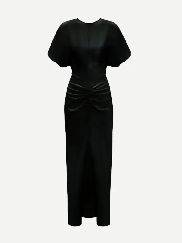 Gathered Waist Midi Dress in Black