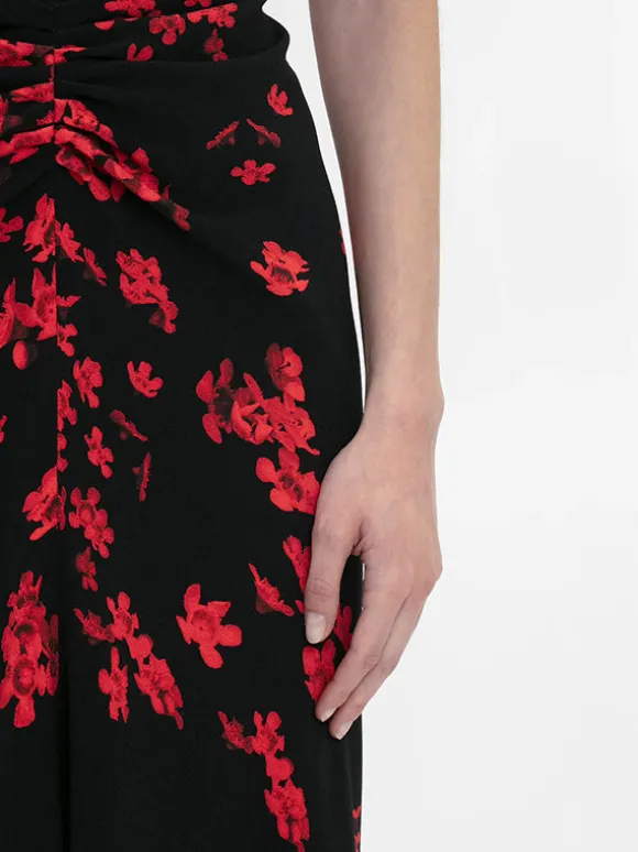 Gathered Waist Midi Dress in Floral Black