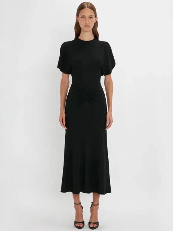 Gathered Waist Midi Dress in Black