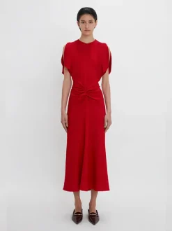 Gathered Waist Midi Dress in Carmine