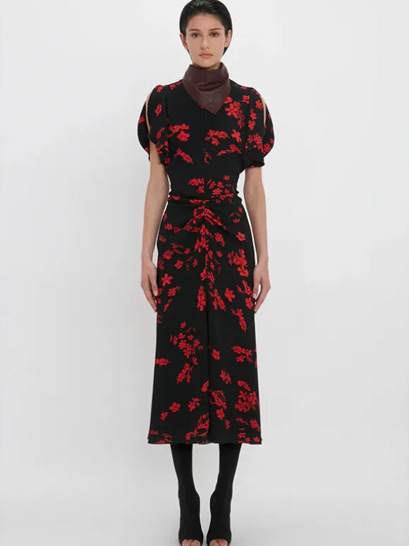 Gathered Waist Midi Dress in Floral Black