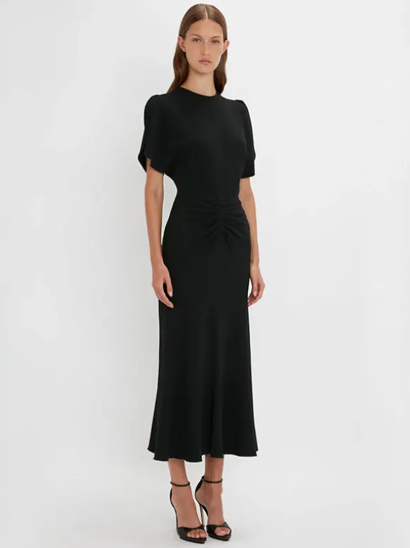 Gathered Waist Midi Dress in Black