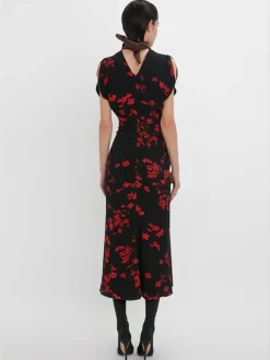 Gathered Waist Midi Dress in Floral Black