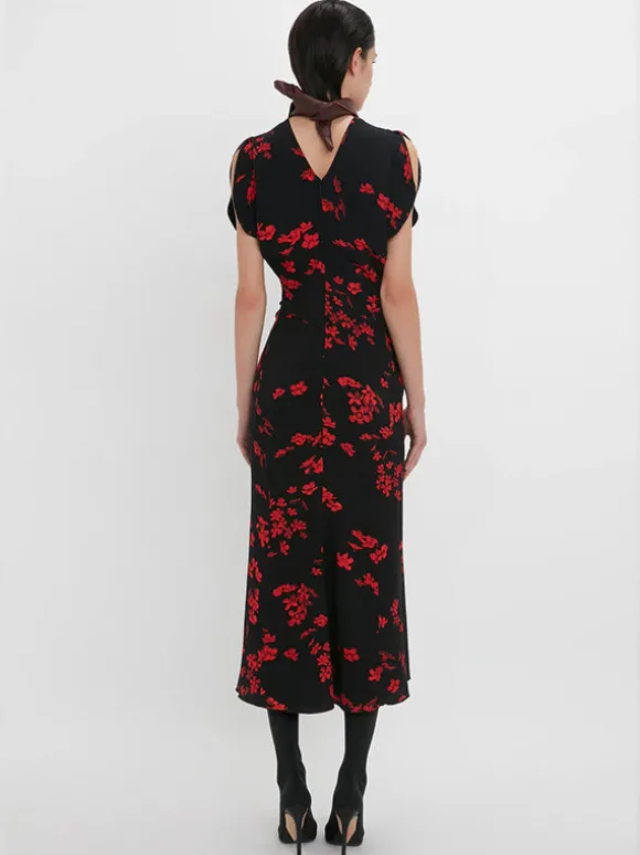 Gathered Waist Midi Dress in Floral Black