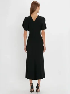 Gathered Waist Midi Dress in Black