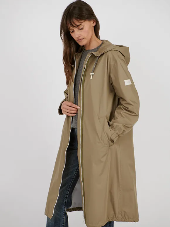 Long Belted Waterpoof Jacket in Mid Khaki