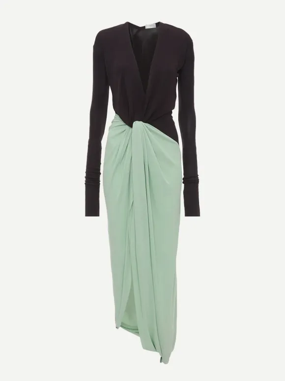 Long Sleeve Knot Detail Jersey dress in Ebony/Jade