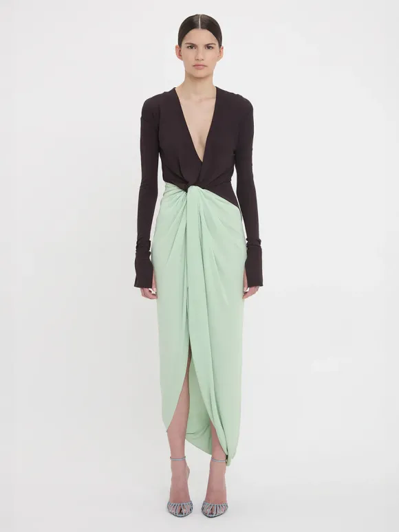 Long Sleeve Knot Detail Jersey dress in Ebony/Jade