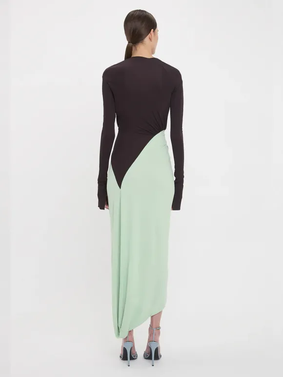 Long Sleeve Knot Detail Jersey dress in Ebony/Jade