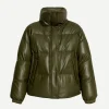 Padded Leather Down Jacket in Army Green
