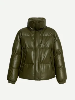 Padded Leather Down Jacket in Army Green