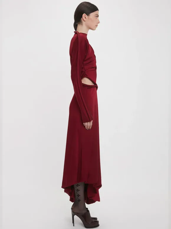 Padded Tube Detail Midi Dress in Oxblood