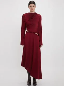 Padded Tube Detail Midi Dress in Oxblood