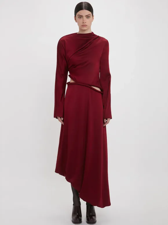 Padded Tube Detail Midi Dress in Oxblood
