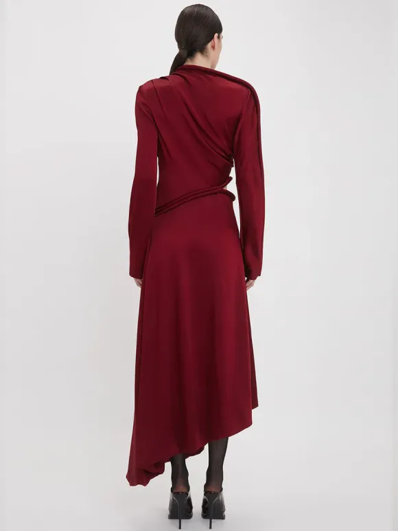Padded Tube Detail Midi Dress in Oxblood