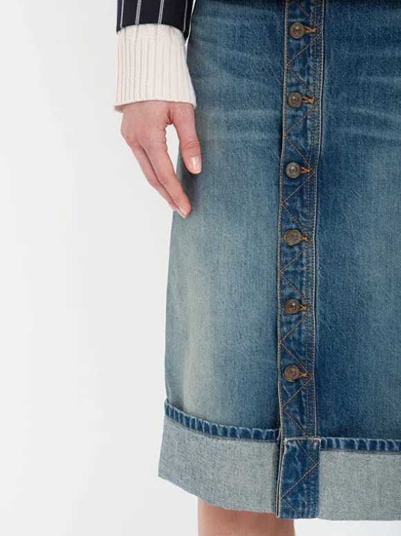 Placket Detail Denim Skirt in Indigo Wash
