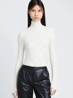 Pointelle Diamonds Turtleneck Top In Off White
