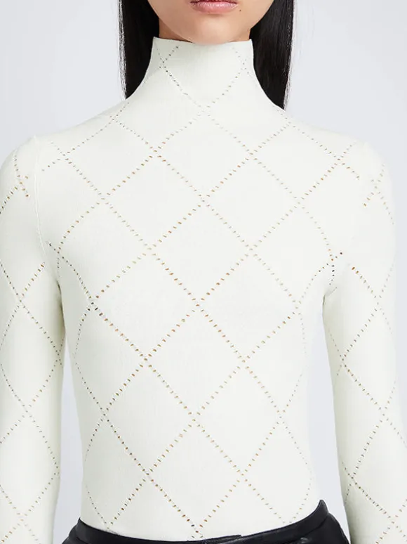 Pointelle Diamonds Turtleneck Top In Off White