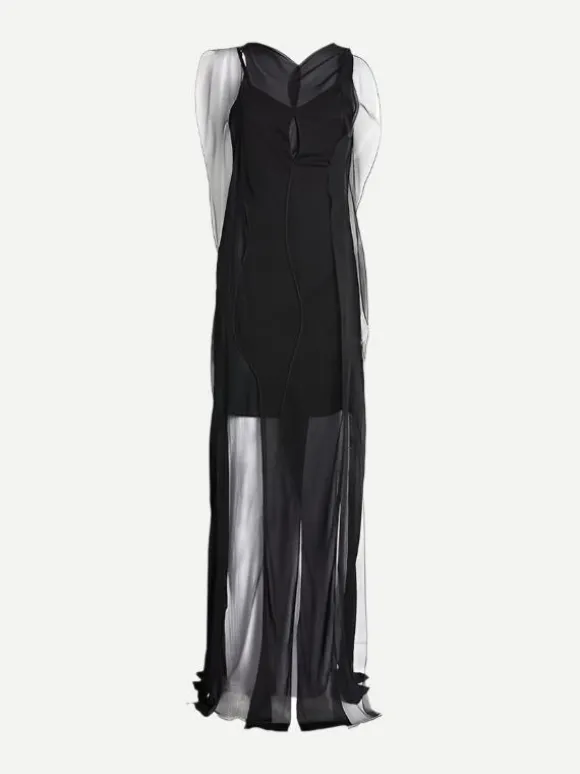 Sheer Wave Panel Floorlength Dress in Black